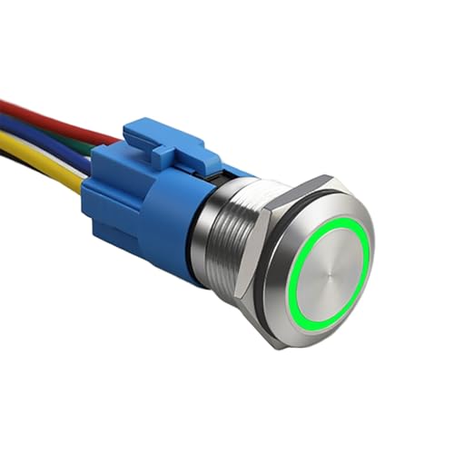 Langir 16mm Latching Push Button Switch 12V DC Stainless Steel Waterproof On Off Switch with LED & Pre-Wired Harness 1NO1NC Self-Locking(Green Light)
