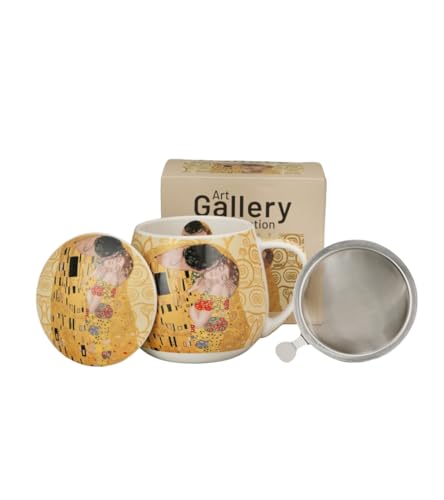 Taza Barril Con Infusor Y Tapa El Beso De Gustav Klimt 430 Ml, Porcelana New Bone China Taza Barril Con Infusor Y Tapa El Beso De Gustav Klimt 430 Ml, Porcelana New Bone China
