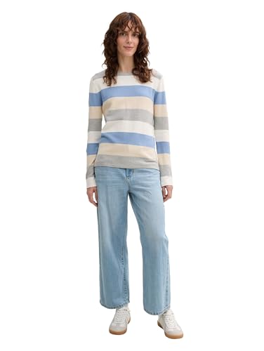 Tom Tailor Damen Strickpullover mit Rundhals, 37224 - Beige Blue Block Stripe, M – Ansicht 5