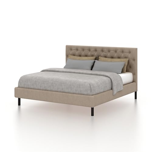 Image of Ganpati Arts Solid Sheesham Wood Fabrio Upholstered King Size Bed Without Storage and Tufted Headboard | Durable Wooden Double Bed Cot Palang for Bedroom, Hotels and Home Furniture (Seasame)