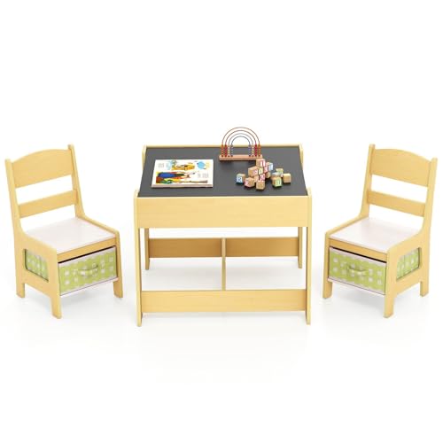 HONEY JOY 3 in 1 Kids Wooden Table & 2 Chair Set, Children Activity Table Desk Sets w/Storage Drawer, Detachable Blackboard, Toddler Table and Chair Set for Drawing, Eating, Reading (Natural & Green)