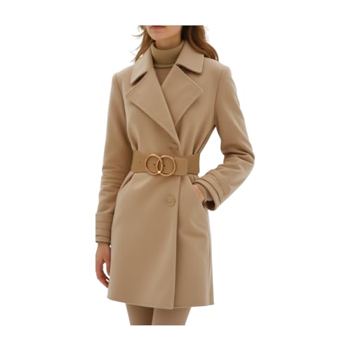 Women Beige Taupe Elastic Fashion Belt - Hip High Waist Big Circle Metal Buckles S M z0133