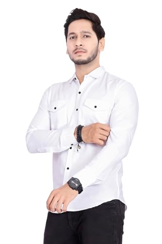 Image of Men's Cotton Spread Collar Full Sleeve Regular Fit Solid Casual Shirt with Double Pockets - Stylish Comfortable Shirt for Everyday Wear
