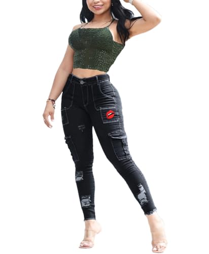 Women's Blue Elastic with Waist and Hip Lift Tight Hairy Edges Multi-Pocket Print Jeans