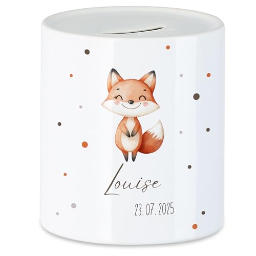Kiddle-Design Tirelire pour enfants avec nom personnalisé, motif animal renard, cadeau pour fille et garçon, anniversaire, Noël, naissance et baptême –...