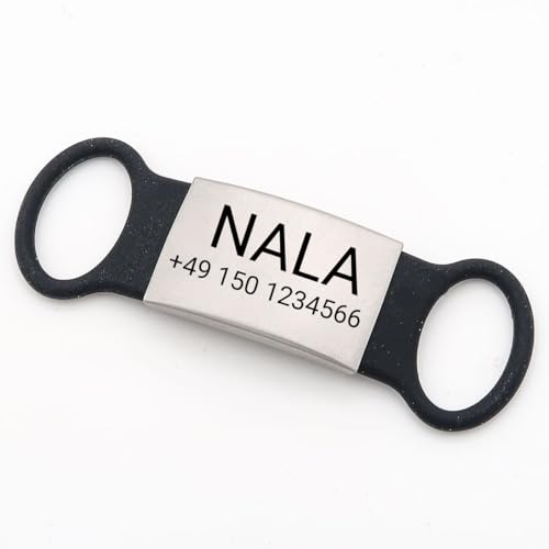 Hundemarke Slider für Halsband – Personalisiert mit Gravur aus Deutschland – Edelstahl & Silikon, leicht & leise – Name & Telefonnummer gratis graviert Schwarz/L