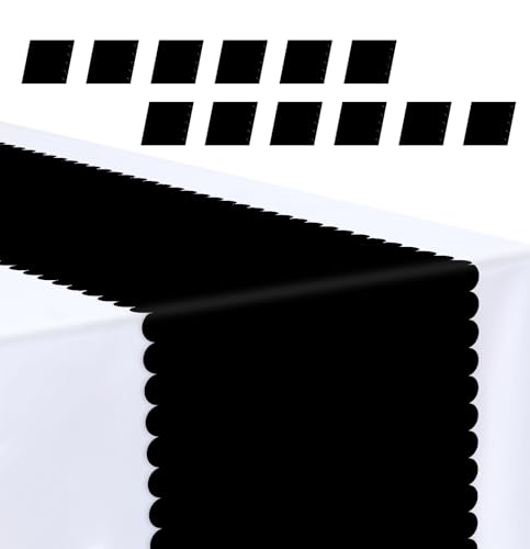 MUNILAIL 12 Pcs Black Scalloped Table Runner 14 x 108 Plastic Table Runner for Birthday Wedding Baby Shower Party Holiday Table Centerpiece Decorations Disposable Table Runner