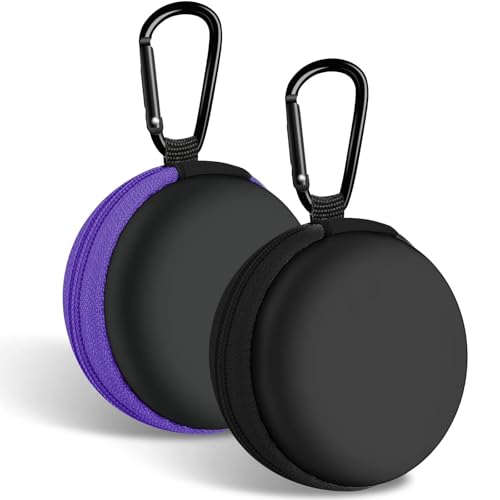 Image of 2Pack Round Earbud Case Portable EVA Carrying Case Storage Bag Cell Phone Accessories Organizer with Carabiner for Earphone, Earbud, Earpieces, SD Memory Card, Camera Chips, Black /Purple