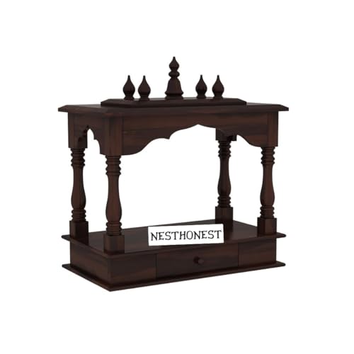 Image of Wall Mounted Solid Sheesham Wood Puja Mandir for Home Solid Wooden Temple for Puja Room with 1 Drawer Storage Pooja Ghar Wooden Furniture for Pooja Room Sheesham Wood, Walnut Finish (Walnut, 1 Drawer)