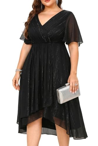 Image of Talisea Plus Size Cocktail Dress - Formal Wedding Guest Fall Long Sleeve A Line Pleated V Neck Midi Dresses for Curvy Women