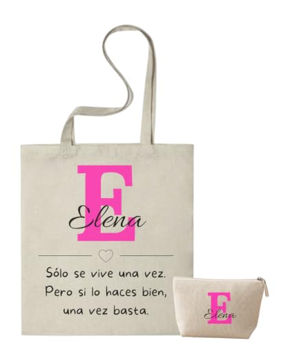 UNIKALIA Pack Tote Bag Personalizada con Nombre, Inicial y Frase + Neceser