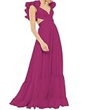 Lawrncedw Chiffon Ruffle Prom Dresses for Women Formal Long Evening Party Gowns V Neck Bridesmaid Dresses Open Back Fuchsia