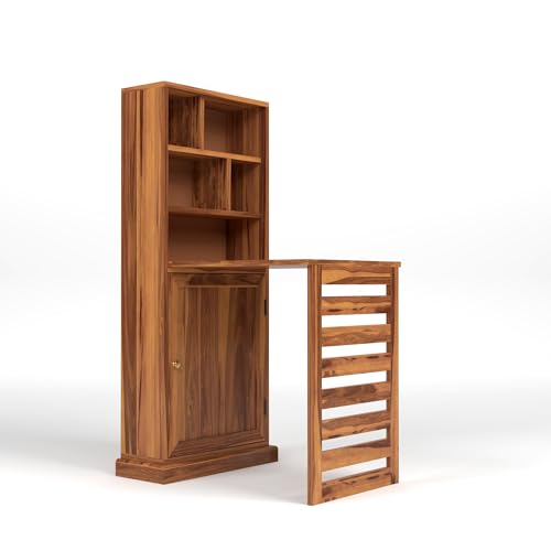 Image of Solid Sheesham Wood Foldable Study Table with Bookshelf & Storage Cabinet | Rosewood Study Desk for Home & Office (A-Honey Finish)