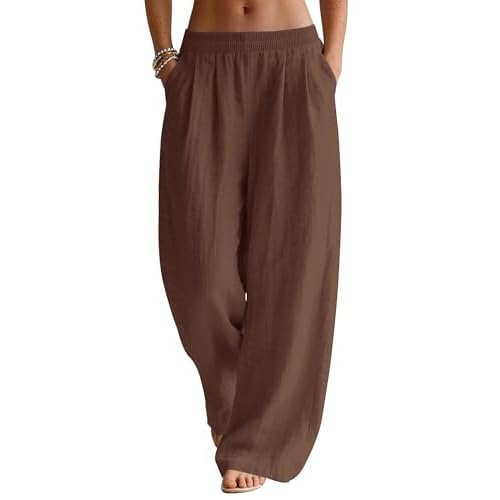 LOMON Linen Pants Women Wide Leg Palazzo Summer Flowy Pants Beach Vacation Clothes Elastic Waist Travel Trousers with Pockets Coffee Brown Medium