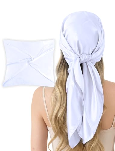 CHUNG 35 Large Scarf Solid Color Square Wraps Satin Silky Feel Big Hair Bandanas 90cm Necktie 90-White