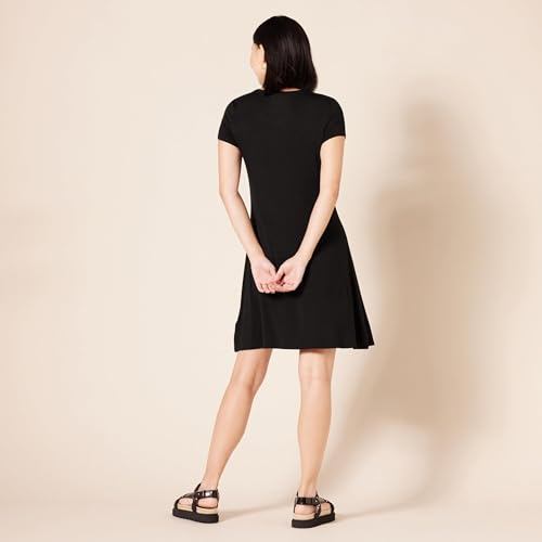 Amazon Essentials Vestido con Vuelo de Manga Corta y Cuello Redondo y Amplio (Disponible en Tallas Grandes) Mujer, Negro, M