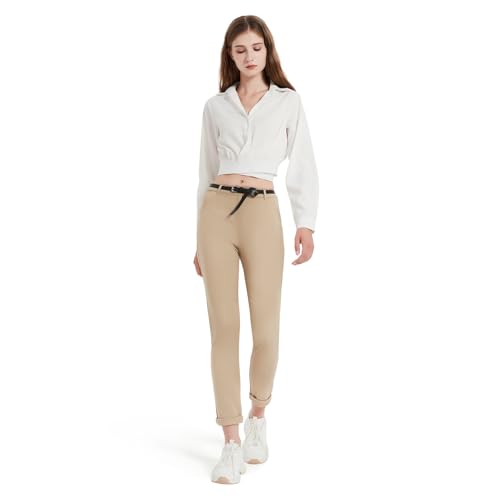 GLOWELFA - Pantalón de Mujer de Trabajo con Sastre de Carga Chino Recta de Cintura Alta Fina Extensible (07121,Caqui,XXL)