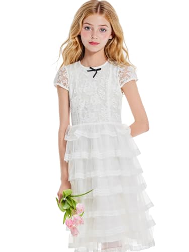 Girls Floral Dress for Spring & Summer,White Lace Overlay with 7-Layer Tulle Skirt - Princess Party Dress for Girls