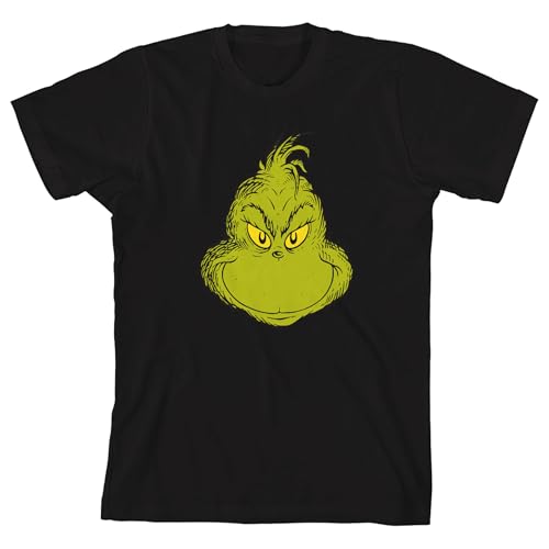 The Grinch Smiling Face Youth Black Crew Neck Short Sleeve T-shirt-Large