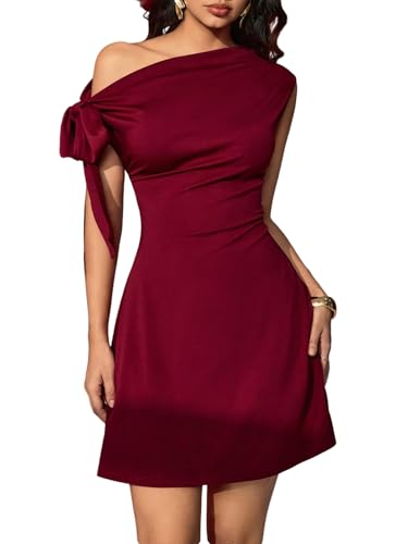 SweatyRocks Abendkleid Damen Elegant Kurz Abschlusskleid Minikleid A Linie Sommerkleid Off Shoulder Kleid Mit Gürtel Partykleid Bordeaux L