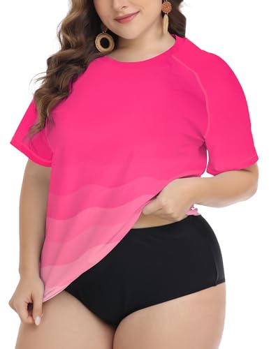 FOREYOND Plus Size Rash Guard Shirts for Women Short Sleeve UPF 50+ Sun Protection Swimwear Swim Suits Top
