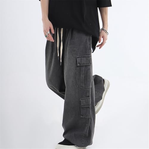 Men's Loose Fit Cargo Jeans Elastic Waist Wide Leg Denim Pants Casual Baggy Hip Hop Jean Trousers with Pockets2