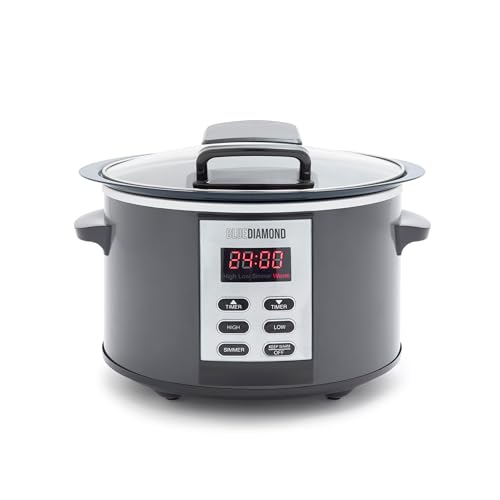 Blue Diamond 5QT Hinged-Lid, Nonstick PFAS Free Ceramic Slow Cooker, Dishwasher Safe Removeable Crock, 4 Presets Including Delay and keep Warm, Graphite