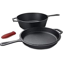 Cuisiland Cast Iron Combo Cooker 3 PCS Set, 3.2QT Wok and 10 Frying Pan with a Silicone Handle