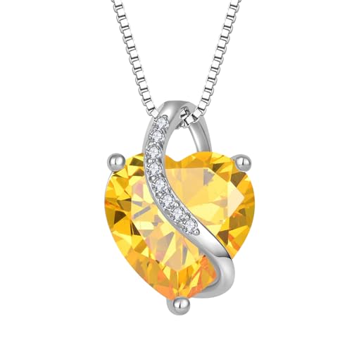 Image of JO WISDOM Women Necklace,925 Sterling Silver Heart Pendant Necklace with 3A Cubic Zirconia November Birthstone Citrine Color