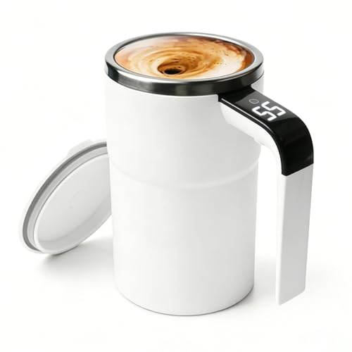 Selbstrührende Tasse 380ML Selbstrührender Becher mit Temperaturanzeige Selbstrührender Kaffeebecher Intelligente kaffeetasse Automatisches Mischen Magnetische Tasse für Kaffee Protein Weiß