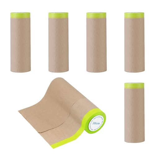 6 Stück Maler Abdeckpapier 30 cm × 10 m Abdeckpapier Rolle Selbstklebestreifen Malerfolie Mit Klebeband Selbstklebendem Abdeckband Maler Papier Zubehör für Lackieren Fenster Abkleben Malerkrepp