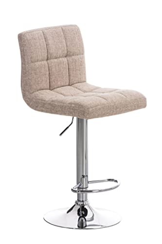 TPFLiving Taburete de bar Peron con cómodo respaldo y cómodo reposapiés, asiento giratorio 360°, acero cromado, superficie de asiento: tela crema.