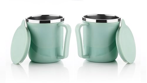 Image of XMART India Insulated Stainless Steel Coffee Mug with Lid - 300ml Double Wall Tea & Milk Mug for Travel, Home, Office, Restaurant Stylish, Leakproof, Drinkware Gifts for Woman,Man (2, Pista)