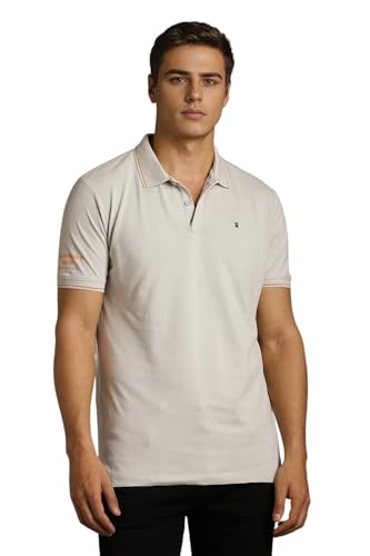 Image of Louis Philippe Men's Slim Fit Single-Tuck Pique Stylized Sleeve Print and Contrast Tipping Half Sleeve Solid Polo Tshirt