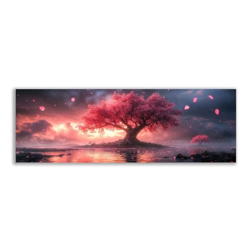 Toile d'arbre aux fleurs roses pour décoration murale de chambre romantique au coucher du soleil