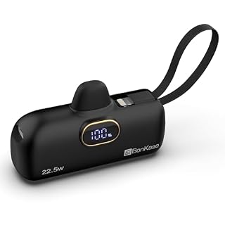 BonKaso 5000mAh Mini Power Bank 22.5W PD Fast Charging, USB-C Type-C Input/Output, Built-in i5 Cable, Digital LED Display, Compact Pocket Portable Charger for iPhone & Android – Black