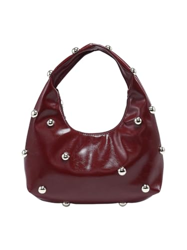 QWINEE Women's Vintage Leather Crescent Shoulder Bags Y2k Studded Zipper Top Handle Grunge Underarm Bag Purse Clutch