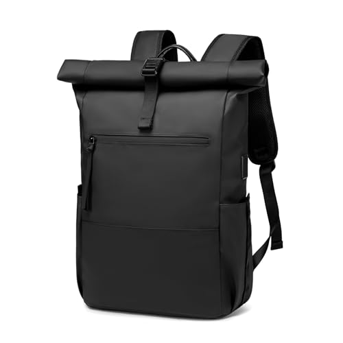 BJIAX Rolltop Rucksack Damen Herren Großer Laptop Rucksack Wasserdichter mit Computerfach 16 Zoll Rucksäcke Schulrucksack Wasserfester Reiserucksack Handgepäck Flugzeug Arbeit Reisen Schwarz