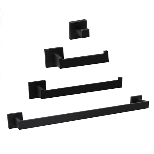 4-Piece Bathroom Hardware Accessories Set, Include 16 Inch Towel Bar, Toilet Paper Holder, Hand Towel Rack, Towel Hook, Matte Black