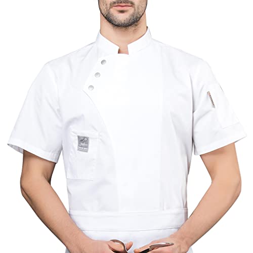 Delantal de cocina con tres botones y bolsillos delanteros, ropa de verano, para hombre, suministros de cocina para parrilla, restaurante, azul, talla XL, Blanco, XXL, XXL