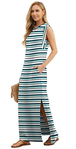 Image of GRECERELLE 2026 Women Year-Round Casual Round Neck Loose Split Wrinkle-Free Long Maxi Vacation Dress with Pockets (XXS-4XL)