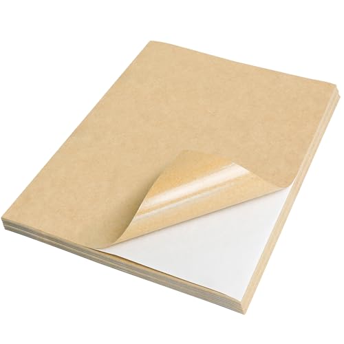 NATURALABEL 100 Sheets Printable Kraft Sticker Paper for Laser & Inkjet Printers - Full Sheet Self-Adhesive Craft Labels, Matte, Letter Size (8.5' x 11')