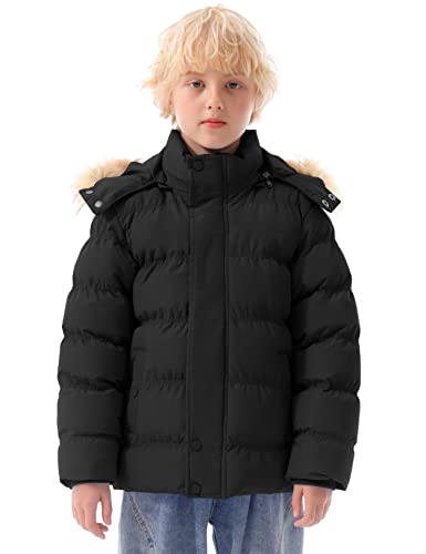 Szory Boy's Thicken Parka Coat Winter Warm Jacket With Removable Fur Hood (Black-1,14/16) #TOP3