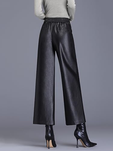 Women's Faux PU Leather Pants High Waist Wide Leg Trousers Culottes3