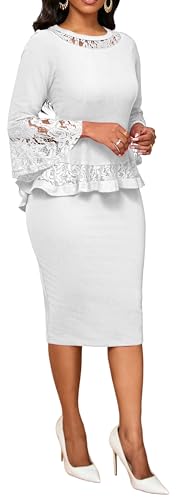 Image of Lace Dresses for Women Wedding Guest Elegant Long Sleeve Cocktail Business Knee Length Pencil Dress