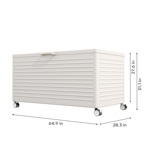 Image of MIRADOR 205 Gallon Outdoor Storage Box with Wheels & Soft-Close Lid, Waterproof Metal Deck Box for Patio Cushions, Garden Tools & Pool Accessories, Latte
