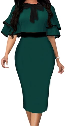Image of Xinlees Women's Bodycon Pencil Dress Sexy Short Ruffles Sleeve Clubwear Basic Fitted Outfits Casual Midi Dresses