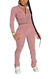 Womens Casual Solid Color 2 Piece Outfits Set, Zipper Jacket Bodycon Pants Clubwear Tracksuit Sportswear … (M, Dirty Pink)