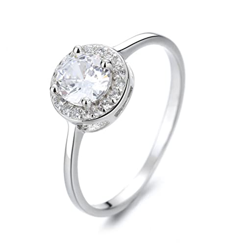 Anillo de diamantes redondo de cuatro garras con diseño exclusivo en plata de ley talla 9