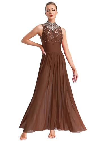 Fldy Vestido de danza lírico largo para mujer, vestido de ballet con purpurina, sin mangas, falda maxi, estilo contemporáneo, disfraz de danza, marrón, S
